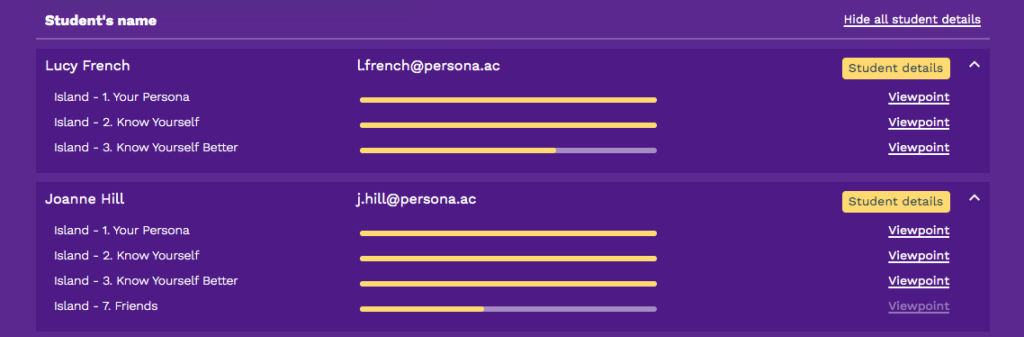 Persona Life Skills - Groups, Student details screen