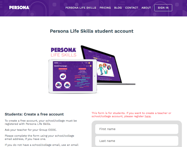 Persona Life Skills - Student self-registration page