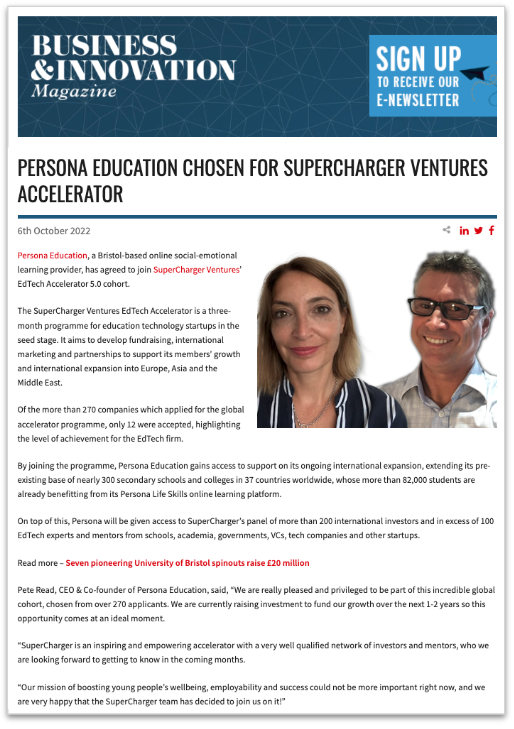 Business & Innovation Magazine - Persona Education Chosen for SuperCharger Ventures Accelerator