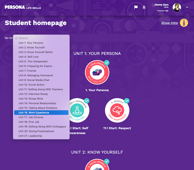 Persona Life Skills - Student homepage Units menu